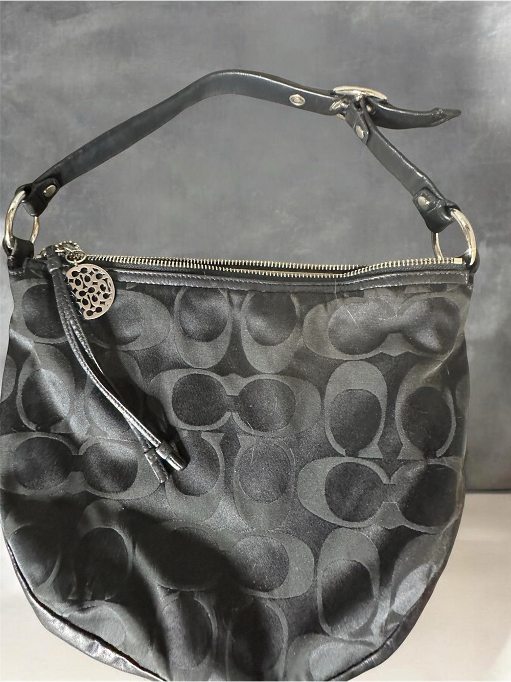 Vintage Coach Black Signature Jacquard and leather Shoulder Bag w Silver Charm